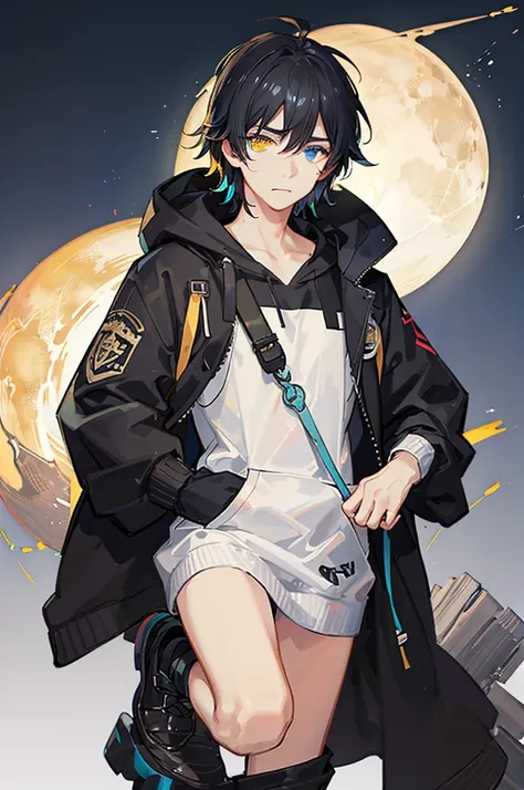 Background: Galaxy A boy around 7 years old with black hair, cyan and yellow heterochromia, light emitting from his eyes, wearing a black hoodie