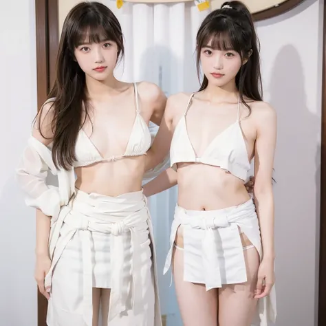 Japanese、１people々 woman、Photo Style、length, Straight black hair、bangs、light makeup、Standard face、(((Wearing a white loincloth)))、(Nipples)、Summer festival、((Showing off your loincloth)), 32k, Raw photo、Highest quality