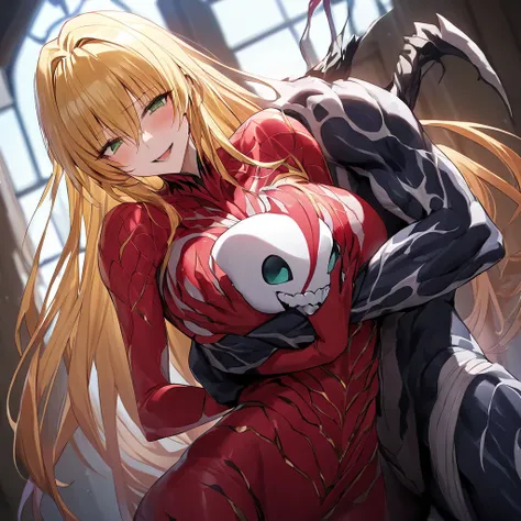 ((Highest quality)), ((masterpiece)), (detailed), （Perfect Face）、The Venom woman is Tearju, a green-eyed, blonde, medium-long-haired female Venom who has completely transformed into Venom and is wearing a red Venom suit that fits her entire body, including...