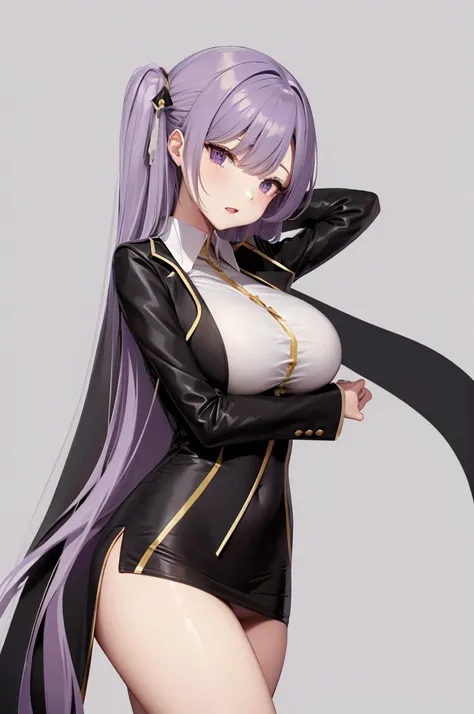 Long purple hair girl,White dress,black jacket,too big breasts,pose Jack-o pose