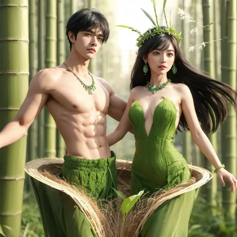 Handsome boy and beautiful girl, black hair, brown eyes, wearing green grass crown wearing green grass loin cloth, green bamboo