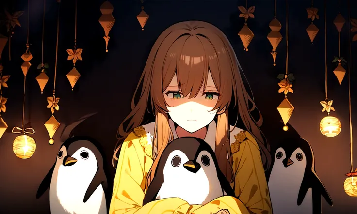 1 girl, chestnut hair, greeneyes, Facial Focus, long hair, side block, Grieving, (depressed 1:1) Expression, holding a stuffed penguin, atmospheric lighting, temperamental, darkness, in a dark old room full of decorations, cercada por sombras, yellow pajam...