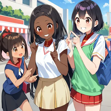 A confident smile, Buying ice cream on the way home from school,Accepting a photo shoot,Sounds like fun,短いBlack Hair, Brown eyes,Brown Skin,2 students、Use a gesture commonly associated with the peace sign when speaking (From outdoors), skirt, Black Hair, s...