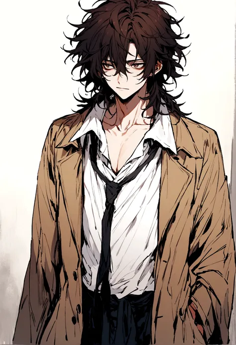 A boy with short dark messy hair, a long brown coat, a white shirt and a loose tie. His disheveled appearance 