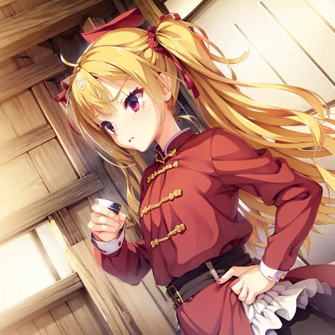 A small girl, seductive, ((forehead to show)), attractive, sexy eyes, flat eyebrows, red coat, blonde hair, twintail, delicate, young, long hair, detailed face, high definition, full body, chinese maid outfit, dead face, cafe, hands behind back