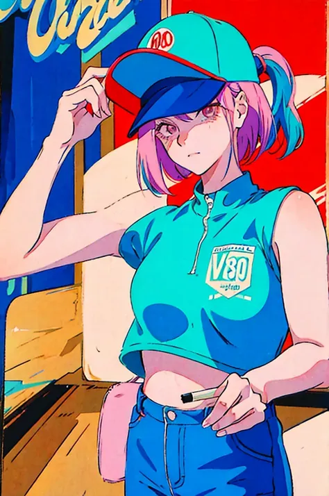 Woman in baseball cap,He is holding up a cigarette and smoking.。, Anime atmosphere of the 80s, 90s anime style, 90s anime style, 80s anime style, In 80s anime art style, 90s anime art style, Anime atmosphere, 80s anime art style, 1980s anime style,Neon Lig...