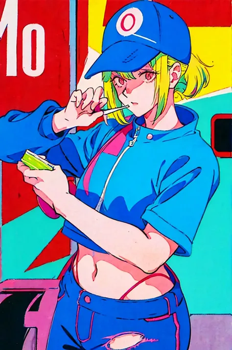 Woman in baseball cap,He is holding up a cigarette and smoking.。, Anime atmosphere of the 80s, 90s anime style, 90s anime style, 80s anime style, In 80s anime art style, 90s anime art style, Anime atmosphere, 80s anime art style, 1980s anime style,Neon Lig...