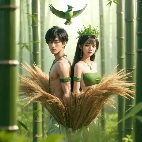 Handsome boy and beautiful girl, black hair, brown eyes, wearing green grass crown wearing green grass loin cloth, green bamboo