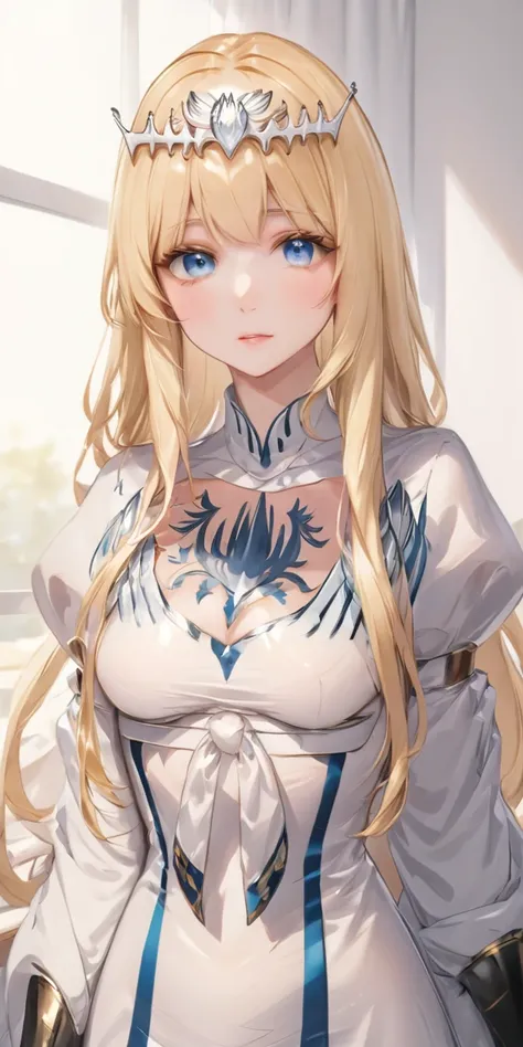 masterpiece,ultra-detailed,best quality,8K,illustration,,clean skin ,shiny hair,girl,ultra-detailed-eyes,simple background, cowboy shot, 1girl,solo, calca, blonde hair, ,( extremely long hair:1.3), very long hair, extra long hair, white tiara, white dress,...