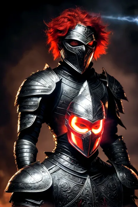 (masterpiece), best quality, boy, menacing boy, black armor, black helmet with red eyes, short bright red hair, glowing hair, eyes with a red aura, holding a black sword with a red aura, a red aura surges around him, His hair is rising from the red power, ...