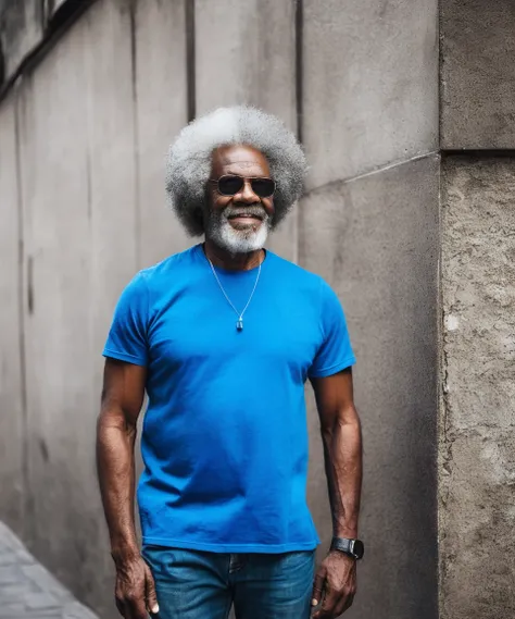 older afro man with a smart face, strong body with blue t-shirt