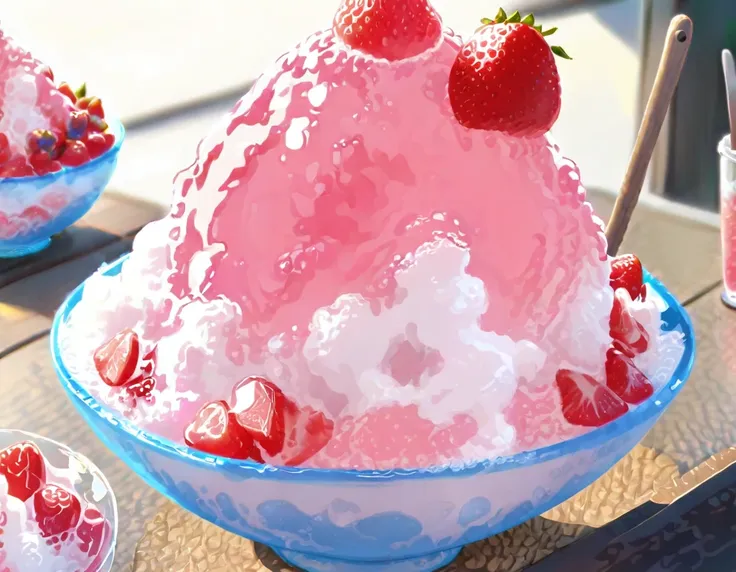 shaved ice in a glass bowl、strawberry shaved ice、vanilla ice、a  stuffs her cheeks with a wooden spoon