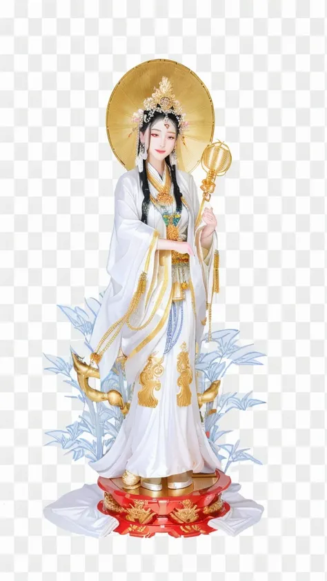 a woman in a white dress holding a bamboo leaves and a vase in other hand , guanyin, guanyin of the southern seas, ancient chinese goddess, white haired deity, bodhisattva, contented female bodhisattva, white daoist robes, realistic, mountain background