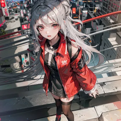 girl, long silver hair, red eyes, beautiful, wearing casual cloths, leaning on the edge, looking doen the city below, gloomy, th...