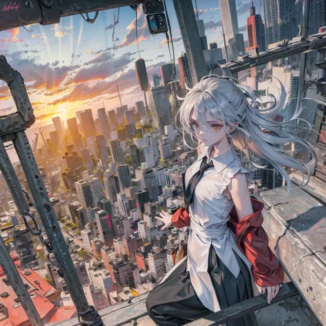 girl, long silver hair, red eyes, beautiful, wearing casual cloths, leaning on the edge, looking doen the city below, gloomy, th...