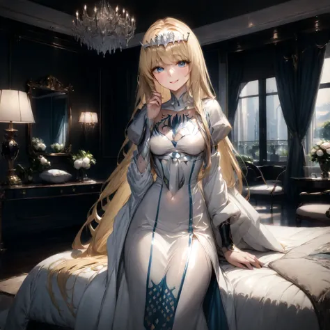 masterpiece,ultra-detailed,best quality,8K,illustration,clean skin ,shiny hair,
 1girl,solo, calca, blonde hair, ,( extremely long hair:1.3), very long hair, extra long hair, white tiara, white dress, blue eyes,Calca Bessarez, medium breast,Calca, indoor, ...