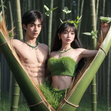 Handsome boy and beautiful girl, black hair, brown eyes, wearing green grass crown wearing green grass loin cloth, green bamboo