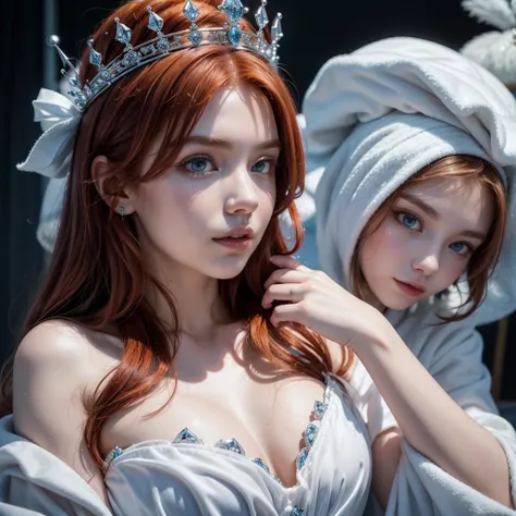 create a redhead hot queen with big  in a white dress with blue details and a white crown with small diamonds