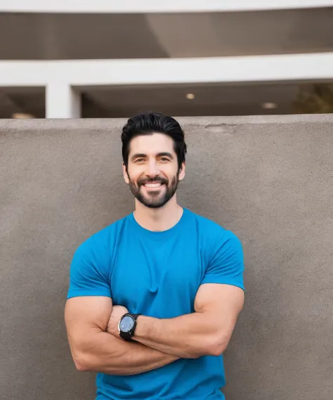 white man with black hair with a smart face, strong body and blue t-shirt