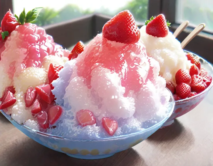 shaved ice in a glass bowl、strawberry shaved ice、vanilla ice、two little sisters stuff their mouths with wooden spoons