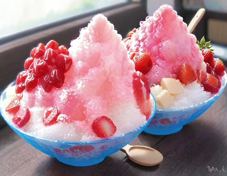 Shaved ice in a glass bowl、Strawberry Shaved Ice、Vanilla ice、Two little sisters stuff their mouths with wooden spoons