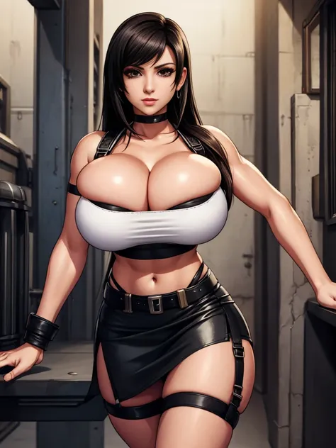 Tifa Lockheart, white crop top, short black skirt, large breasts, skindentation, cleavage