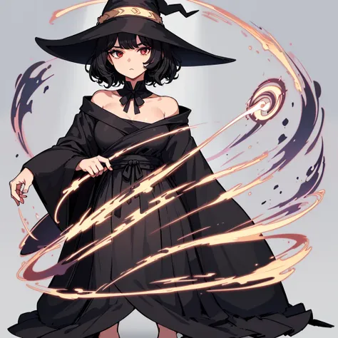 (((Solo)))、Highest quality, Best Quality,Best illustrations、(Black Hair、Short Perm Hair、Wavy Hair、Short bangs、Align your bangs)、(Witch Hat、A simple black robe)、(Magic wand)、(The magic of light、Use magic)、(White background)、(Mature 50 Year Old、Adult women、R...