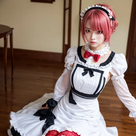 (masterpiece, best quality),  intricate details,
1girl, ram, hair flower, hair ornament, hair over one eye, pink hair, (red eyes:1.5), short hair, x hair ornament,, apron, black bow, black dress, black ribbon, bow, detached sleeves, dress, frilled apron, f...