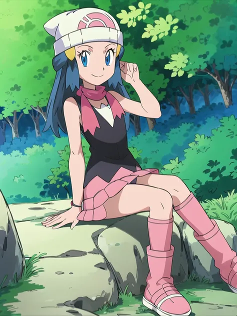 masterpiece, best quality, 1girl, dawn (pokemon), beanie, long hair, blue hair, blue eyes, black sleeveless shirt, pink scarf, pink skirt, pink boots, smile, looking at viewer, forest background