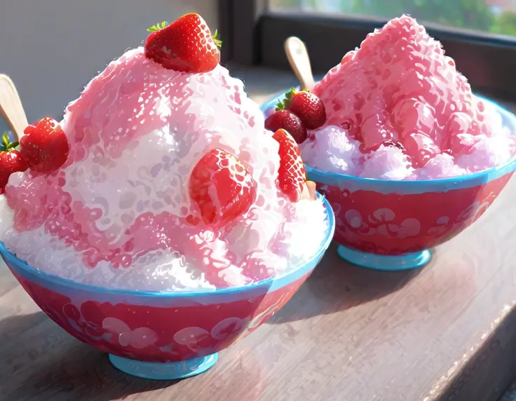 shaved ice in a glass bowl、strawberry shaved ice、vanilla ice、two little sisters stuff their mouths with wooden spoons