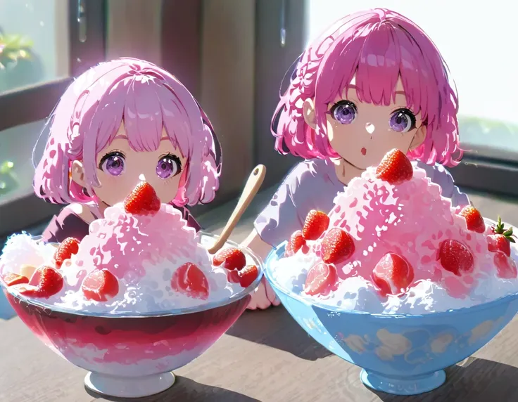 shaved ice in a glass bowl、strawberry shaved ice、vanilla ice、two little sisters stuff their mouths with wooden spoons