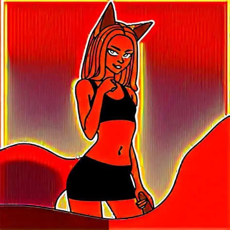 Best quality, highly detailed, ultra detailed, 1 brown skin boy, flat chest, male chest, slim curvy body, long pink dreadlocks, pink dreadlocks, pink eyes, kitsune, fox ears, fox tail, sharp nails, black lipgloss, goth, wearing black croptop, black skirt, ...