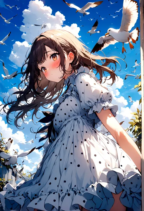 masterpiece, best quality, 1girl, bird, seagull, sky, cloud, polka_dot, blue_sky, solo, cloudy_sky, bug, butterfly, day, blush, flock, outdoors, Abigail