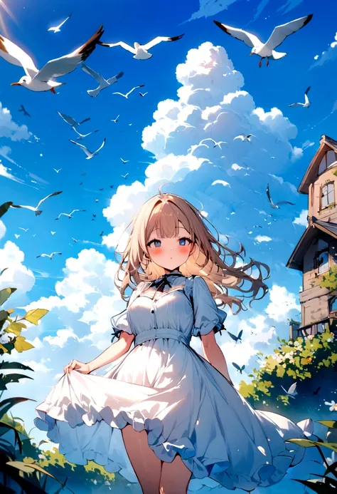 masterpiece, best quality, 1girl, bird, seagull, sky, cloud, polka_dot, blue_sky, solo, cloudy_sky, bug, butterfly, day, blush, flock, outdoors, Abigail