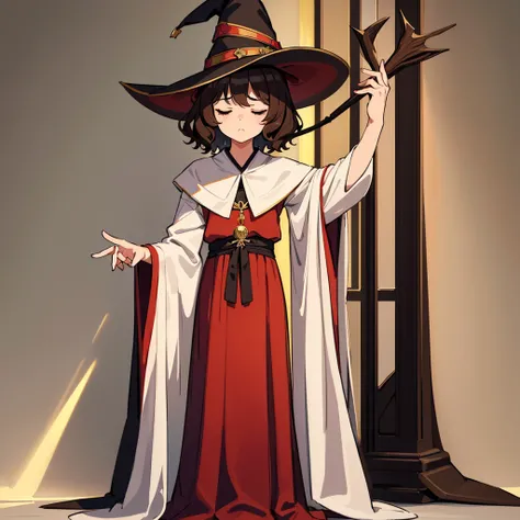 (((Solo)))、Highest quality, Best Quality,Best illustrations、(Brown Hair、Short Perm Hair、Wavy Hair、Short bangs、Align your bangs)、(Witch Hat、Brown simple robe)、(Magic wand)、(The magic of light、Use magic)、(White background)、(Mature 50 Year Old、Adult women、Red...