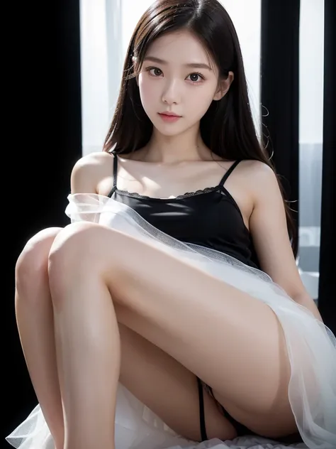 White room、Black sheer dress、(Highest quality)、((Very detailed))、4K、(8K)、masterpiece、Very detailedな、Highest quality、Super Resolution、1 person、Kind Face、Soft Light、RAW quality、Soft Skin、163cm、30 years old、knees