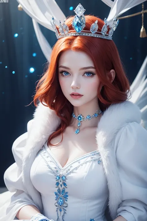 create a redhead hot queen with big  in a white dress with blue details and a white crown with small diamond icon
