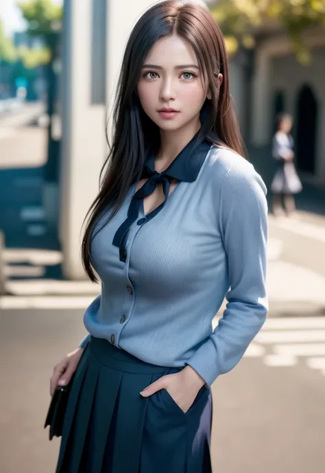 (((realistic photo shot))),, Portrait, (Face of fear:1.3),, Beautiful Girl, Looking at Viewer, , (School uniform:1.2), Shirt buttons and trousers, , (Big cleavage:1),, On Japan Street, (details in environment:1.3),, (Raw photo, cg unity, Photography, super...