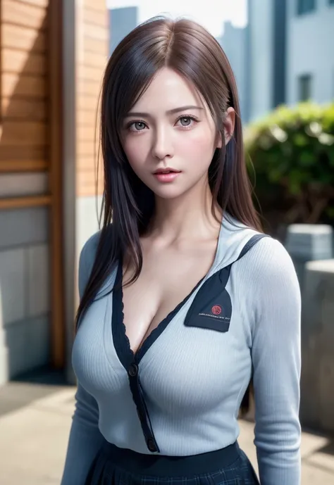 (((realistic photo shot))),, Portrait, (Face of fear:1.3),, Beautiful Girl, Looking at Viewer, , (School uniform:1.2), Shirt buttons and trousers, , (Big cleavage:1),, On Japan Street, (details in environment:1.3),, (Raw photo, cg unity, Photography, super...