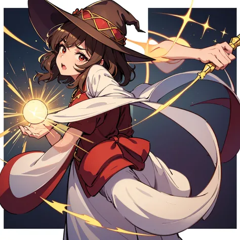 (((Solo)))、Highest quality, Best Quality,Best illustrations、(Brown Hair、Short Perm Hair、Wavy Hair、Short bangs、Align your bangs)、(Witch Hat、Brown simple robe)、(Magic wand)、(The magic of light、Use magic)、(White background)、(Mature 50 Year Old、Adult women、Red...