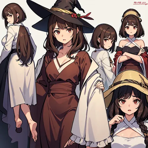 (((Solo)))、Highest quality, Best Quality,Best illustrations、(Brown Hair、Short Perm Hair、Wavy Hair、Short bangs、Align your bangs)、(Witch Hat、Brown simple robe)、(Magic wand)、(The magic of light、Use magic)、(White background)、(Mature 50 Year Old、Adult women、Red...