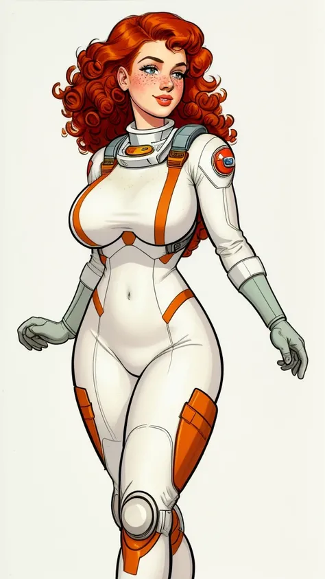 pretty woman, curly ginger hair, freckles, large breasts, rubenesque, space suit, white background, blank background, Retrofuturism, pinup. dieselpunk