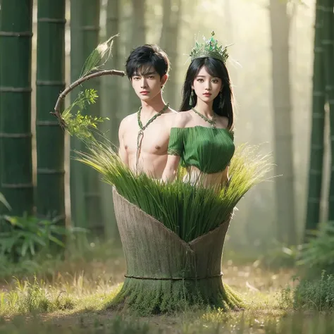 Handsome boy and beautiful girl, black hair, brown eyes, wearing green grass crown wearing green grass loin cloth, green bamboo