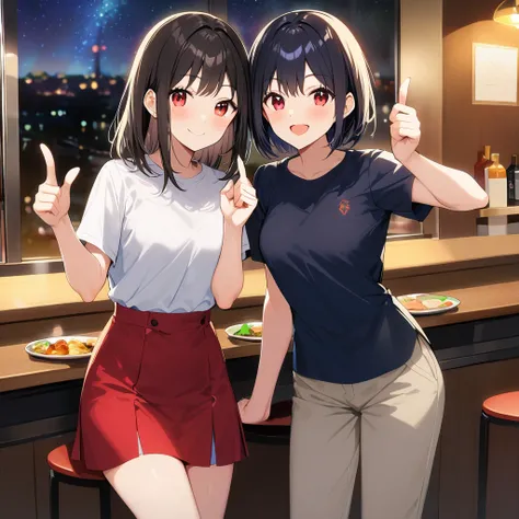 A confident smile, Enjoy your meal while taking in the beautiful night view.,2 students、While talking near a restaurant、Posing with thumbs up, slacks, Black Hair, indoor, Counter seats, skirt, shirt, ((((Complete faithful finger))))