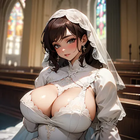 Woman with huge breasts wearing a lace wedding dress with a provocative neckline in the church