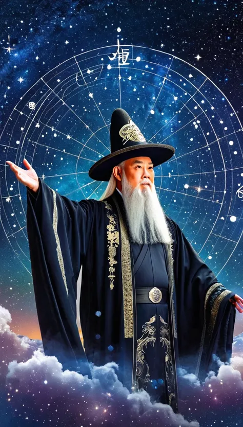 oriental fortune teller，the old immortal on the top of the stars，elders，white beard and long white eyebrows，（wear an official ha...