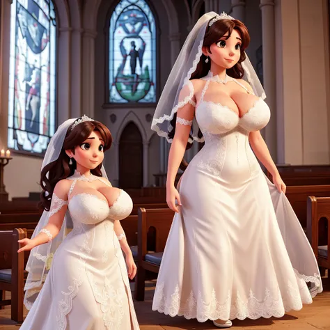 Woman with huge breasts wearing a lace wedding dress with a provocative neckline in the church