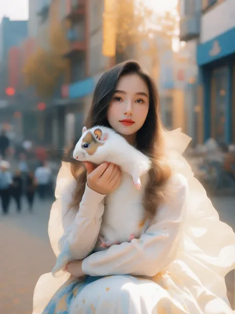 A girl，Wearing a white skirt，Silver long hair，blue eyes，Holding a cute little hamster in my hand，HD，