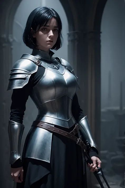 Realistic illustration of Joan of Arc short black hair medieval dark fantasy style inspired by 80s films dark atmosphere with blue lighting