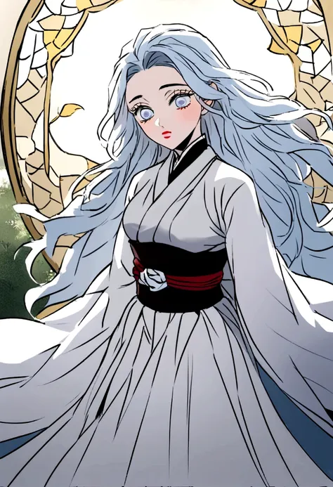 Screenshot of Kimetsu no Yaiba, White hairedwoman, light blue eyes,long hair 
